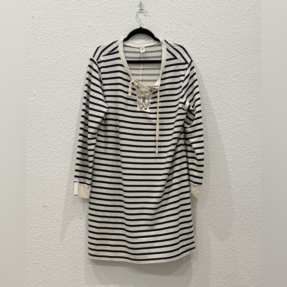 Old Navy Black and Cream Striped Lace-Up Dress
